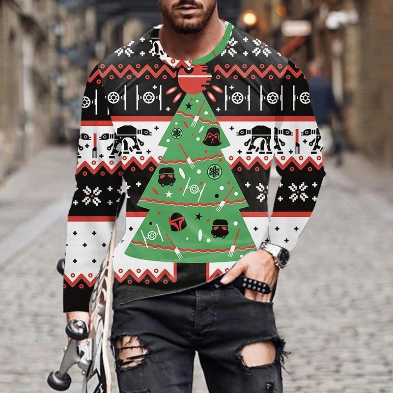 Herren T-Shirts Weihnachten Herren Neu Rundhals Langarm Street Fashion 3D Gedrucktes Herren T-Shirt