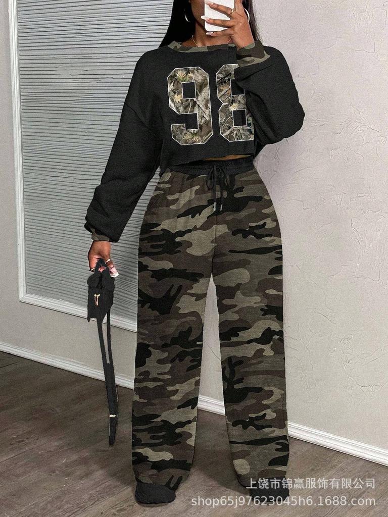Tuta pantalone con maglione girocollo a fantasia stampata con lettere da donna, nuova tendenza autunno e inverno, tuta casual alla moda