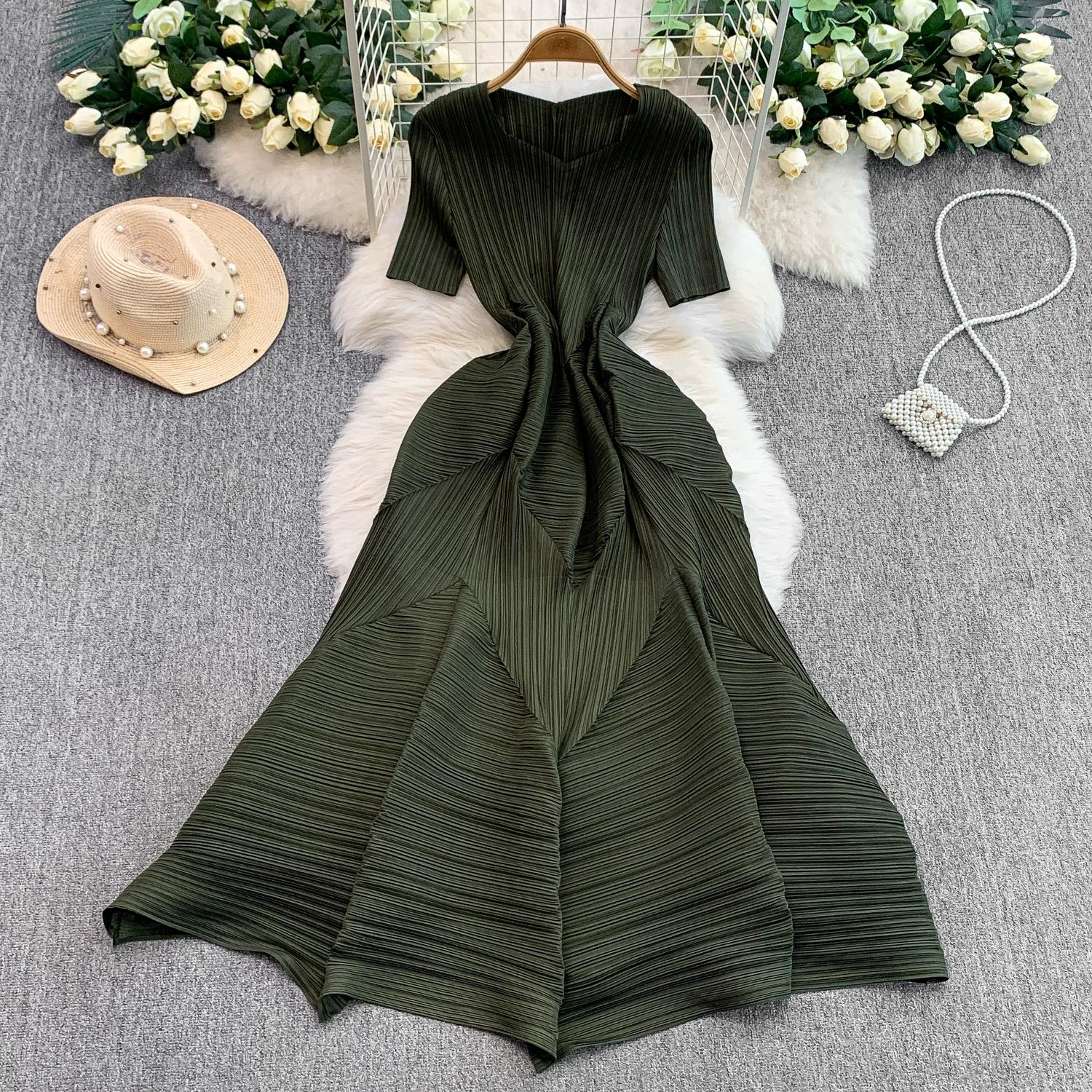 

Summer Women Casual Plus Size Miyake Folds Oversize Loose Long Maxi Pleated Home Dresses One size армія зелений колір