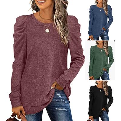 2024 Europäisch Und Amerikanisch Herbst Und Winter Neu Locker Rundhals Plissiert Langärmlig Einfarbig T-Shirt Oberteil Für Damen