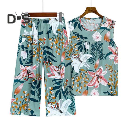 2 Pcs/Set Women Vest Pants Set Flower Print Round Neck Sleeveless Loose Pleated Elastic Waist Wide Leg Casual Homewear Mid aged Mother Pajamas Set