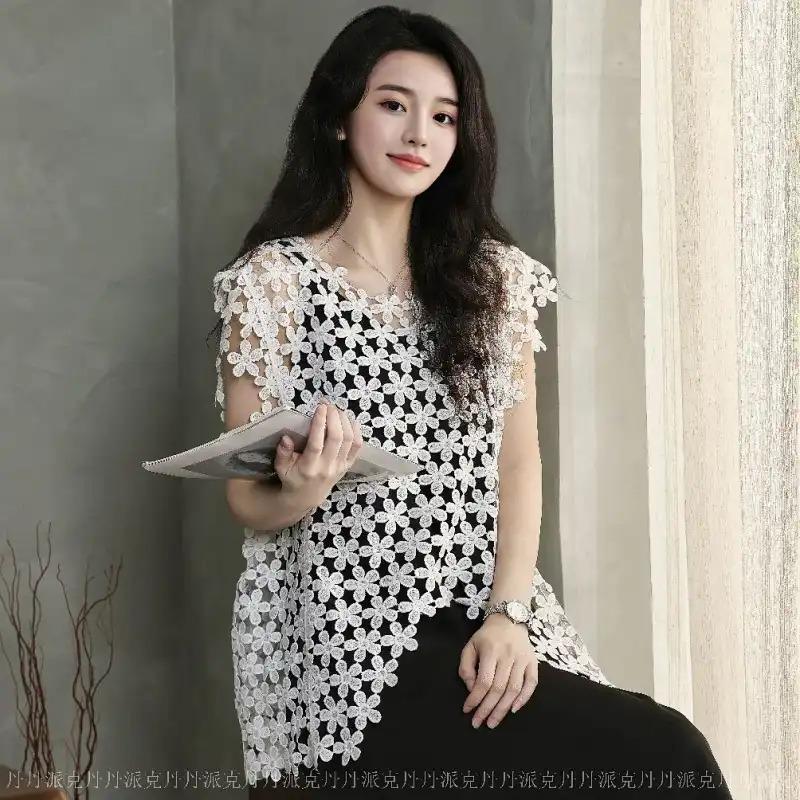 Новый Универсальный Кружевной Вышитый Ажурный Жилет Без Рукавов Летний Новый Накидной Топ с Круглым Вырезом Без Рукавов OneSize белый