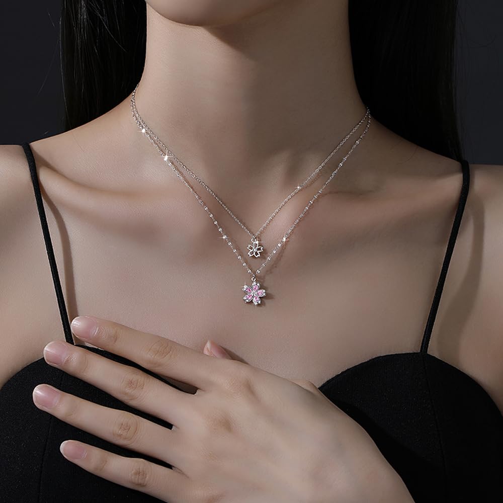 [K.L.Y] Women's Popular Cherry Blossom Necklace, Sterling Silver 925, High-Quality Pink Zirconia, Hypoallergenic, Double Strand Necklace, 18K Pink Gol