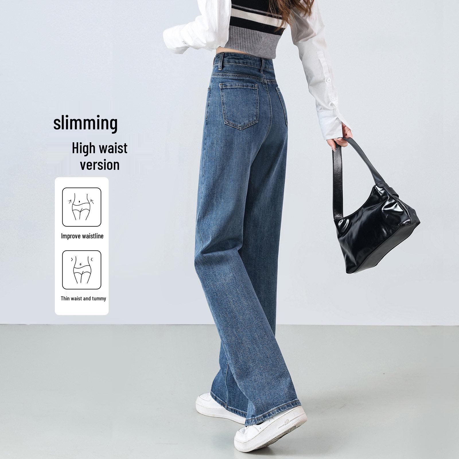 

Women s 2026 Stylish High Waist Blue Straight Leg Slimming Jeans - Petite & Wide Leg for Spring/Autumn 27 (96-105 lbs)