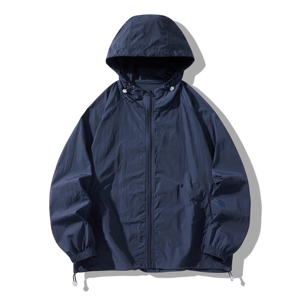 Chaqueta Fina de Verano con Capucha para Hombre Impermeable Ropa de Protección Solar Cremallera Completa Secado Rápido Piel Negra Cortavientos