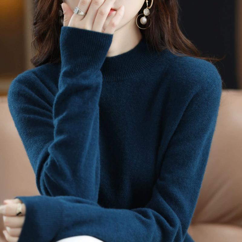 Half High Neck Fashionable Versatile Knitted Sweater for Women, Autumn and Winter Short Style Pullover, Solid Color Loose Sweater Base