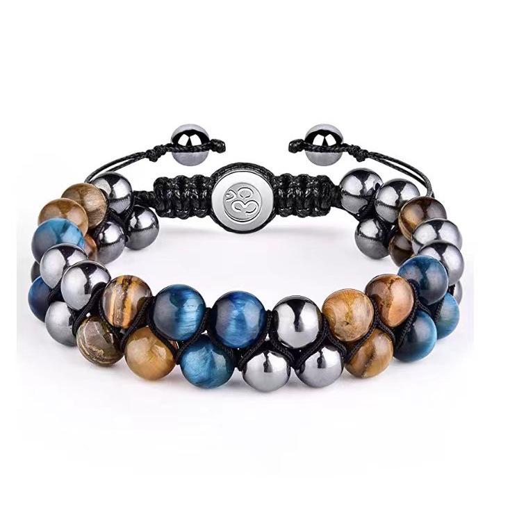 

Мужской браслет с тройной защитой из тигрового глаза, гематита и черного агата, двойной ряд плетения