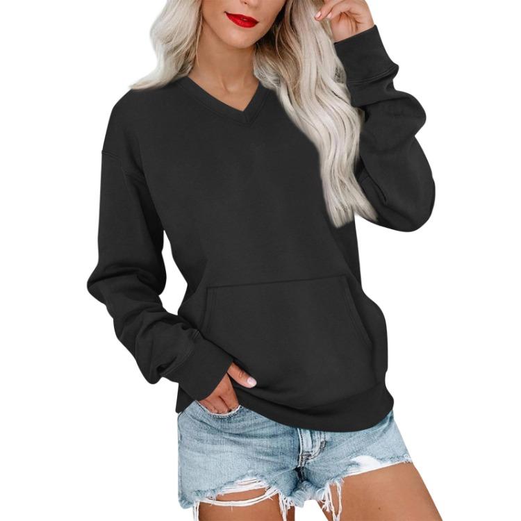 Women Sweatshirt Casual Long Sleeve Pullover V Neck Solid Color Lightweight Warm With Pockets