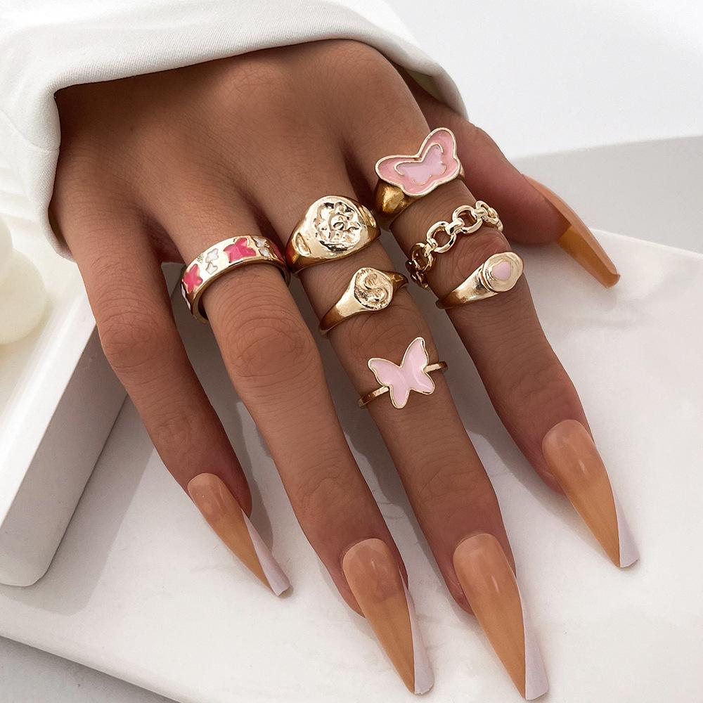 Y2K Pink Butterfly Heart Ring Set Women Gold Color Enamel Statement Stackable Finger Rings Party Jewelry one size