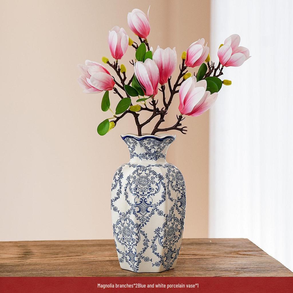 Chinese Magnolia Vase: High-Grade Blue & White Porcelain for Elegant Living Room Decor