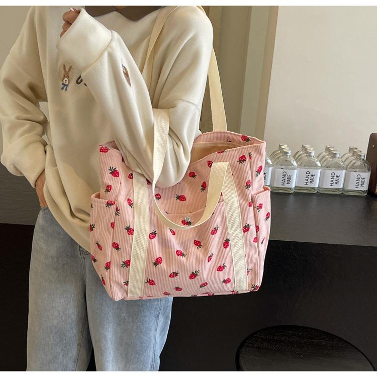Strawberries Corduroy Handbag Sweet Women's Bag Fashionable Versatile Shoulder Bag Beautiful Simple Commuter Women's Tote Shopping Bags