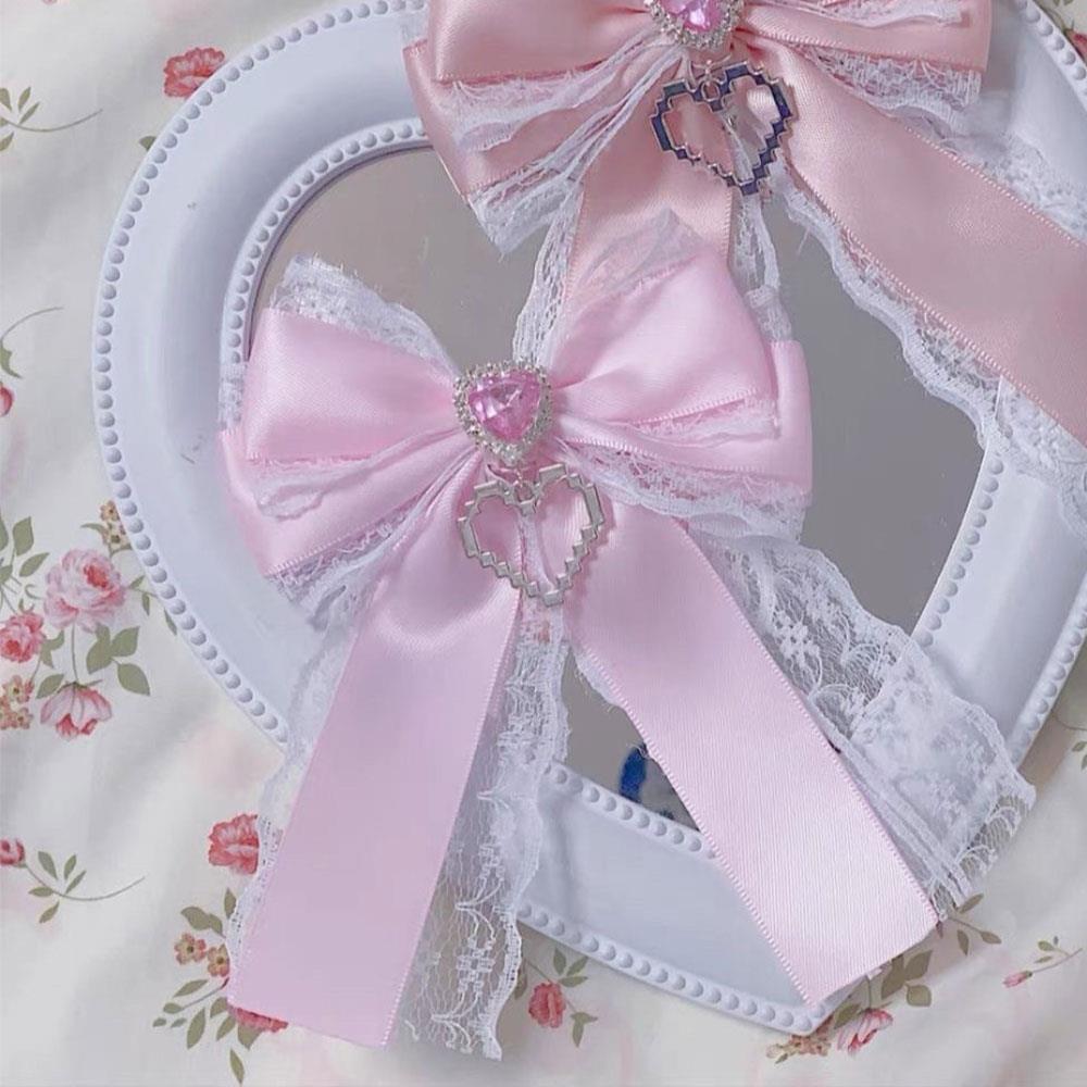 

Sweet Ribbon Bow Heart Diamond Clip Ribbon Lace Bowknot Clip For Ita Bag Girls Lolita Backpack Decoration Bags Accessories рожевий