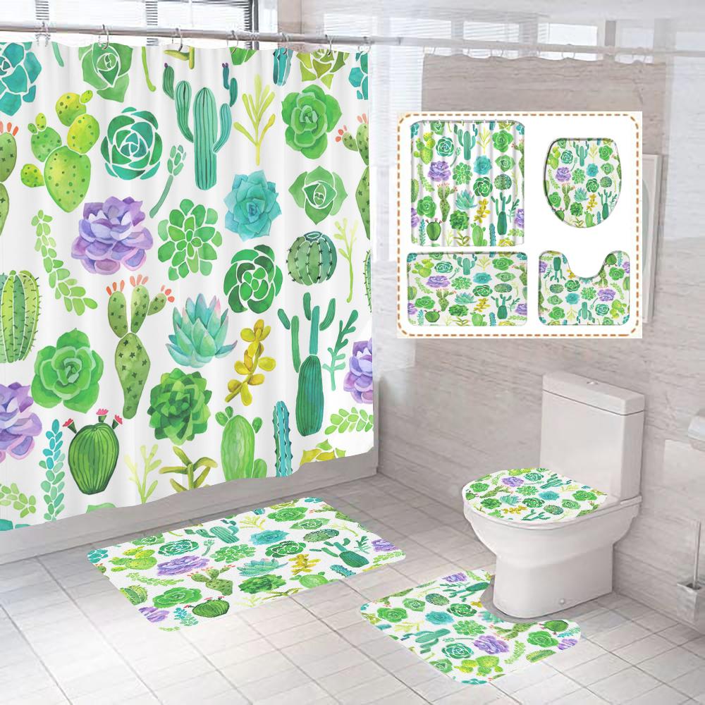 Green Tropical Plant Cactus Bathroom Curtain Polyester Fabric Shower Curtains Pedestal Rug Toilet Cover Bath Mat Set Home Decor