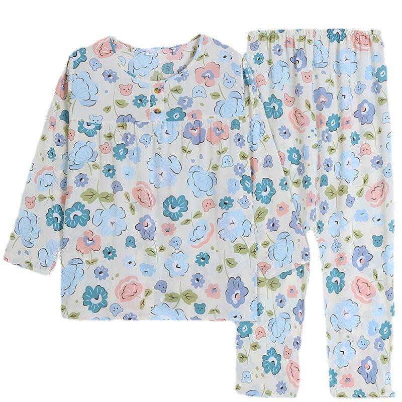 Yini shirt human cotton and silk long-sleeved pajamas women's explosive women's loungewear summer long-sleeved human cotton set clearance treatment
