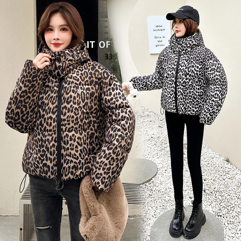 2025 Winter Loose Korean Style Thick Down Cotton Parka Women's Short Print Leopard Print Cotton Jacket Outerwear