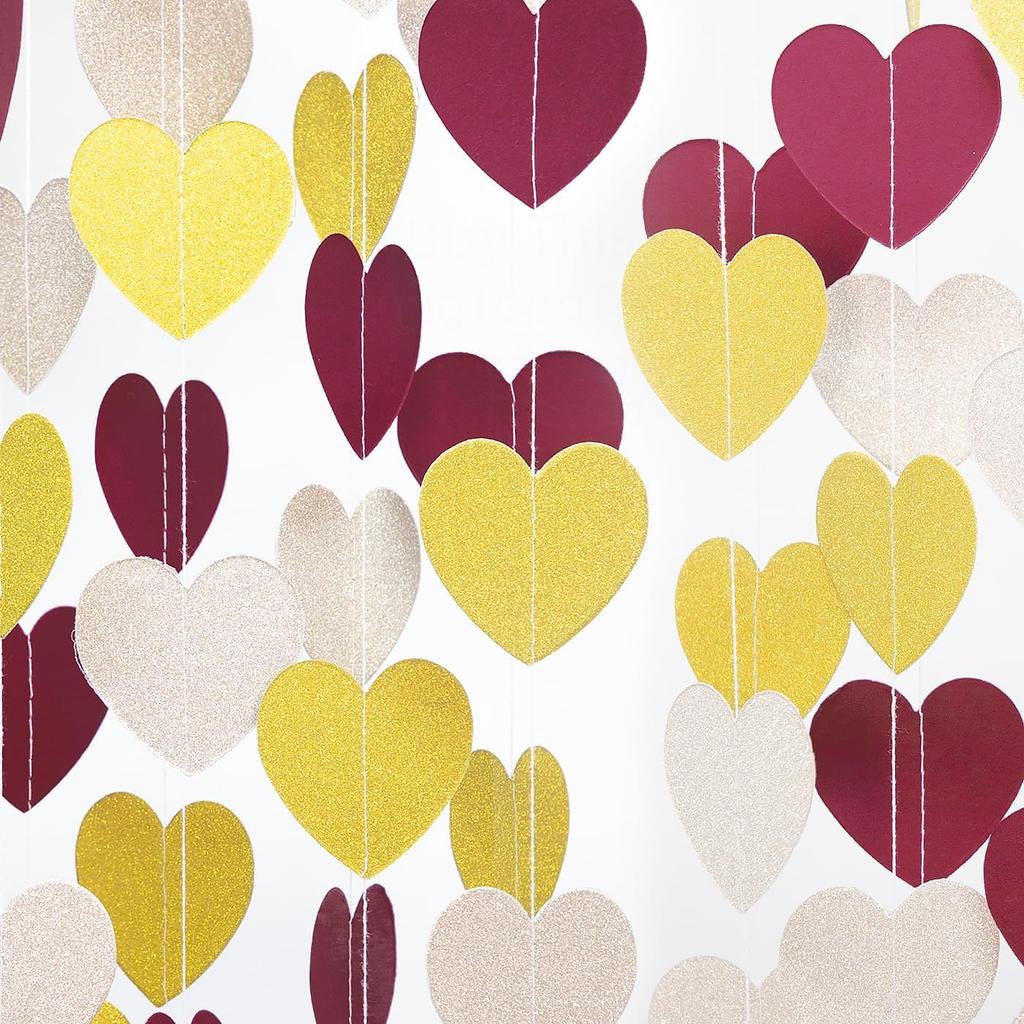 Rose-Gold Pink Burgundy Valentines Decorations - Paper Heart Garland 52ft Hanging Streamer Banner Engagement Mothers Day Wedding Anniversary Bridal