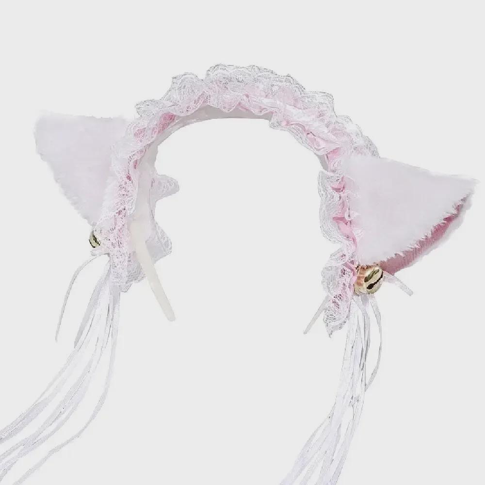 Schwarzes Spitzen-Stirnband mit Katzenohren und Glöckchen - Lolita-Haar-Accessoire