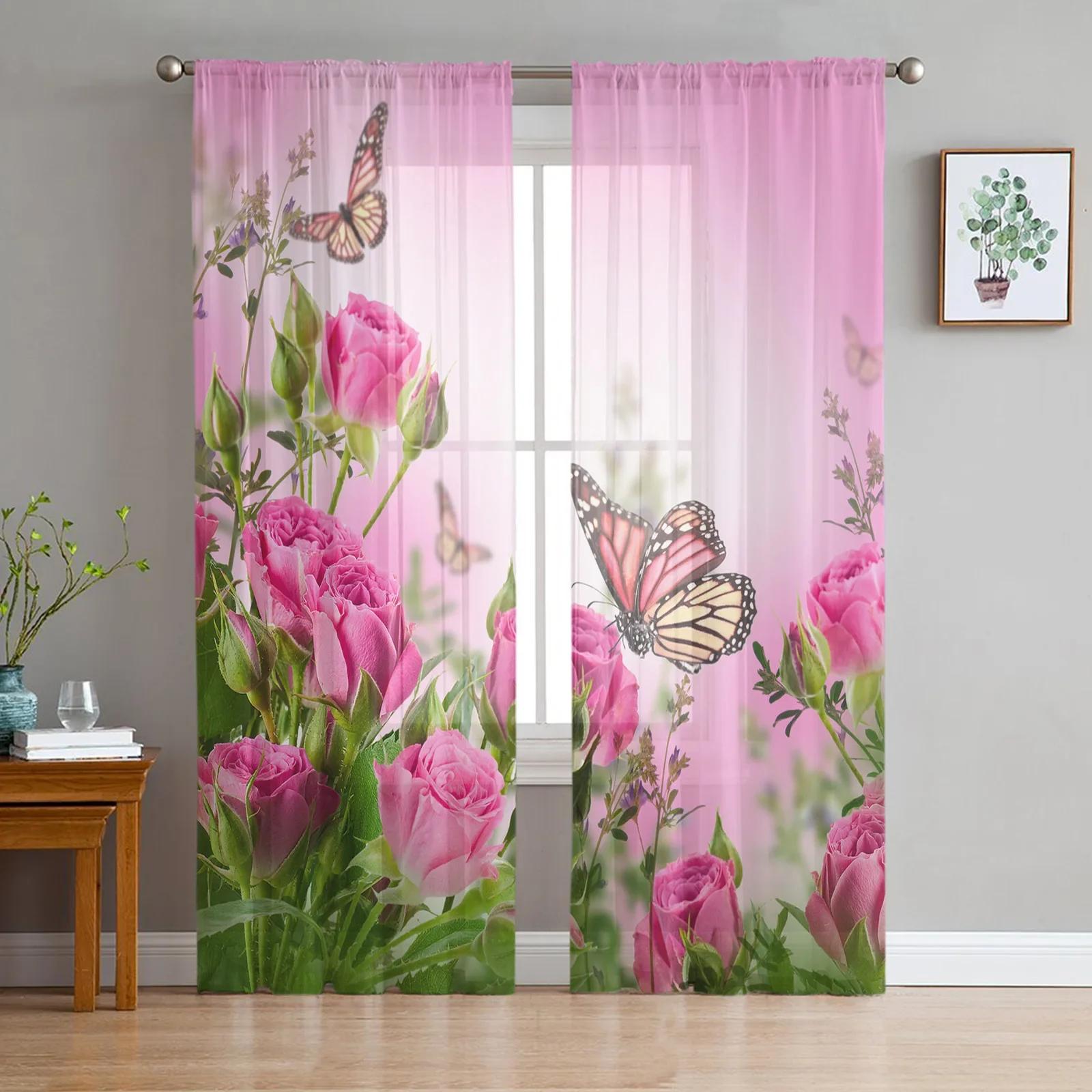 

Rose Flower Pink Stripe Chiffon Sheer Curtains for Living Room Bedroom Home Ornamentation Window Voiles Netting Drapes Curtain W135 x H115cm x1&Rod Pocket