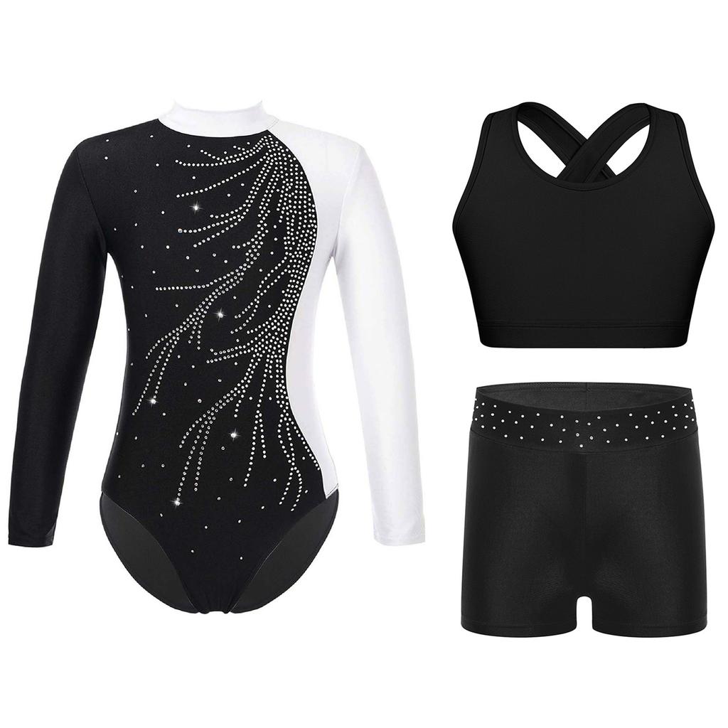 Ensemble de Gymnastique 3 Pièces pour Filles Justaucorps à Dos Goutte d'Eau avec Gilet Croisé & Short à Strass Col Montant Manches Longues