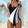 Women Plus Size Black White Printed One Piece Swimsuit Scoop Neck Wide Straps High Cut