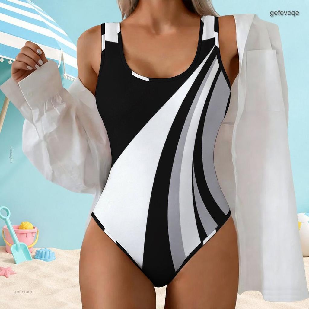 Women Plus Size Black White Printed One Piece Swimsuit Scoop Neck Wide Straps High Cut