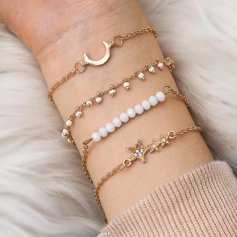 Bracelet, Fashionable Handmade Beaded Moon Five-Pointed Star With Diamonds, Moon Rice Bead Bracelet For Women