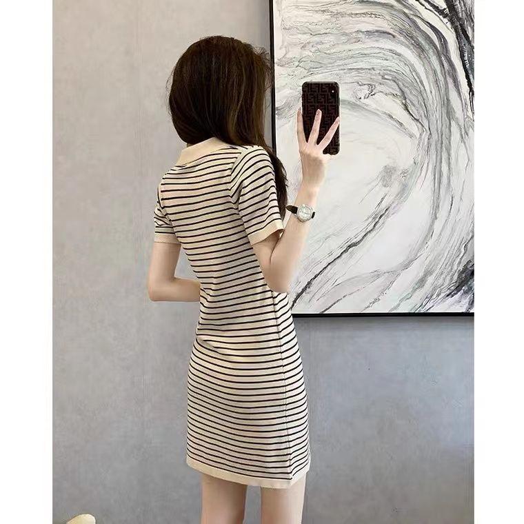 Retro Chic Striped Polo Collar Knit Dress - Summer 2025 Hong Kong Style Bodycon Skirt