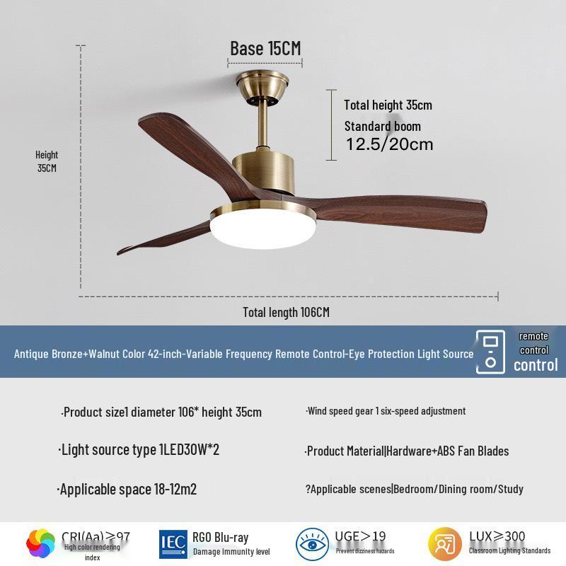 Wabi-Sabi Walnut Ceiling Fan with Full-Spectrum Light - Ideal for Chinese-Style Dining Rooms and Living Areas