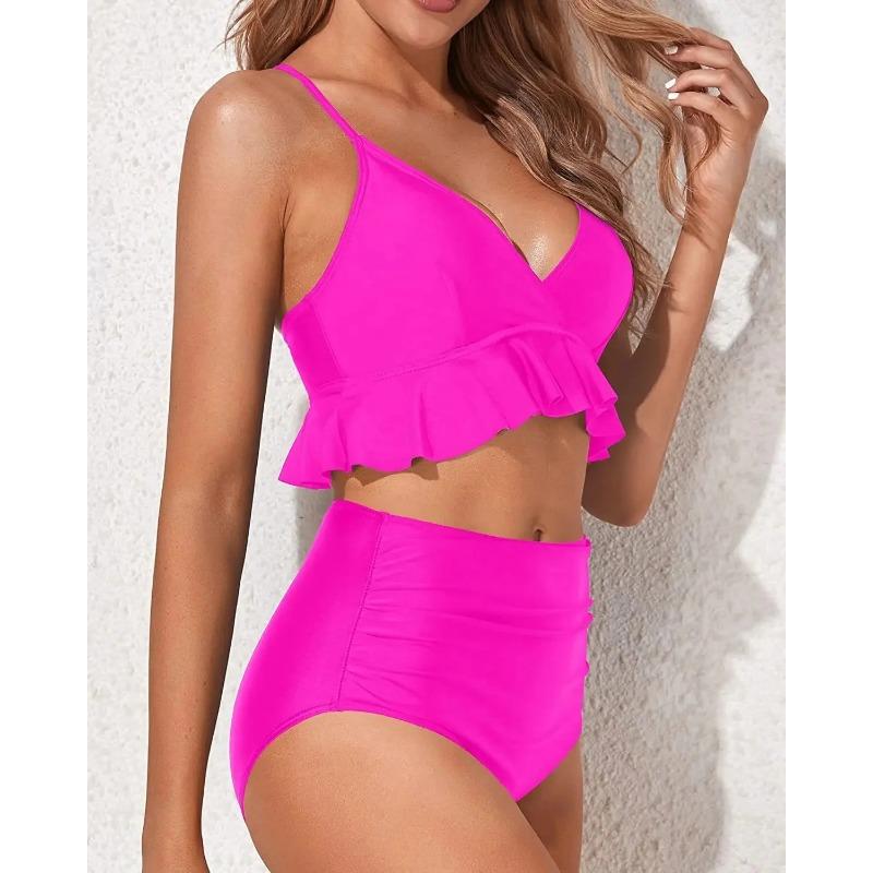 Bikiny s vysokým pasem Plavky Jednobarevné Oddělený design Detaily s listovým okrajem Čínská značka Dámské módní plavky