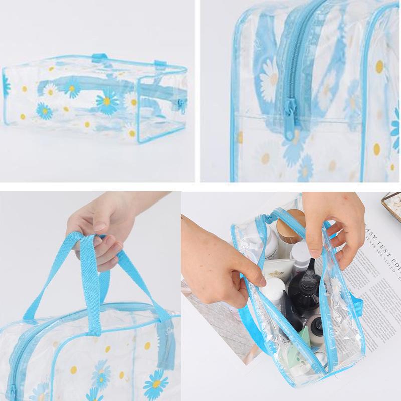1pcs Transparent Floral Pattern Travel Toiletry Bag PVC Toiletry Bag, Waterproof Storage Cosmetic Bag with Zipper Handle Belt, Travel Bag