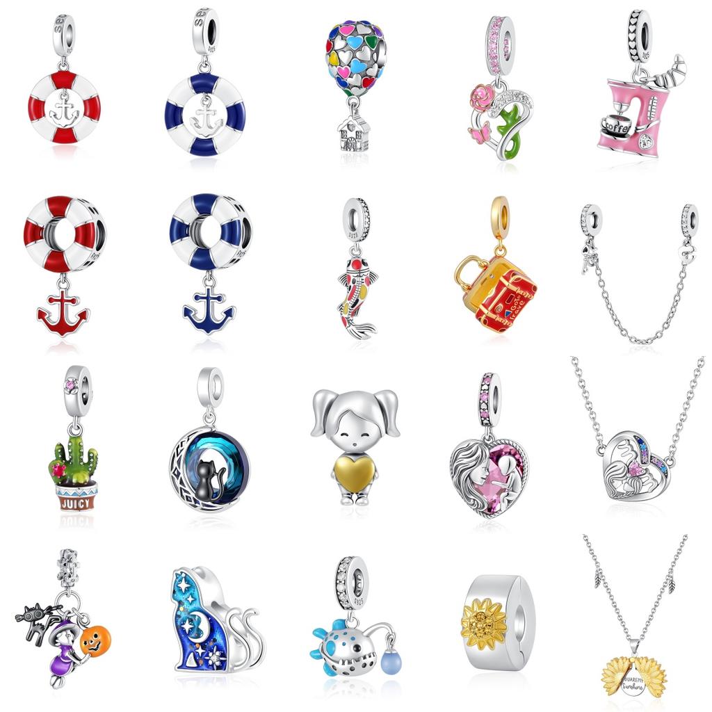 New 925 Silver Bag Coffee Fish Cactus Beads Sunflower Anchor Swimming Ring Charms Fit Bracelet DIY Gift Women