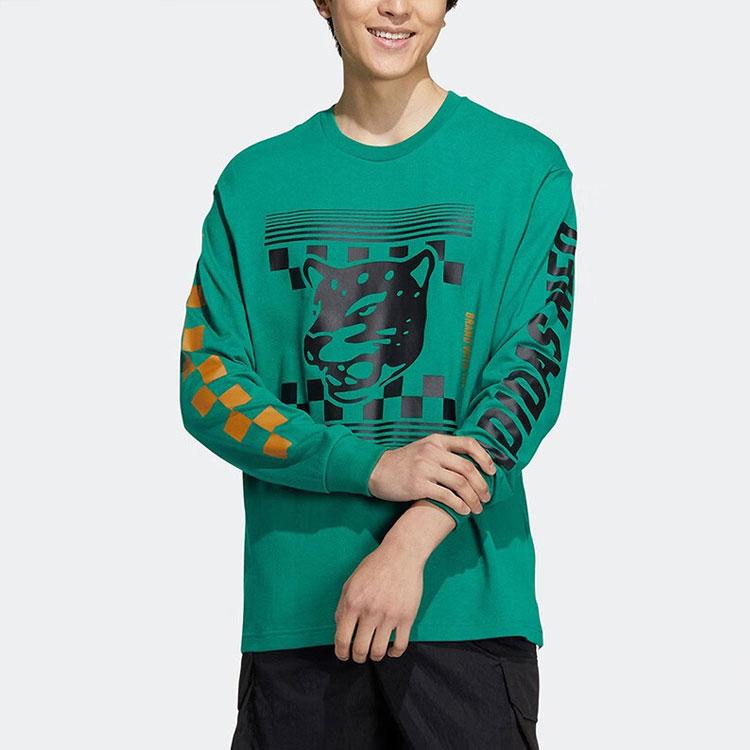 Adidas Neo Logo Print Fashion Comfortable Loose Breathable Knit Crew Neck Long Sleeve Drop Shoulder T-Shirt Unisex T-Shirt Green HN4749