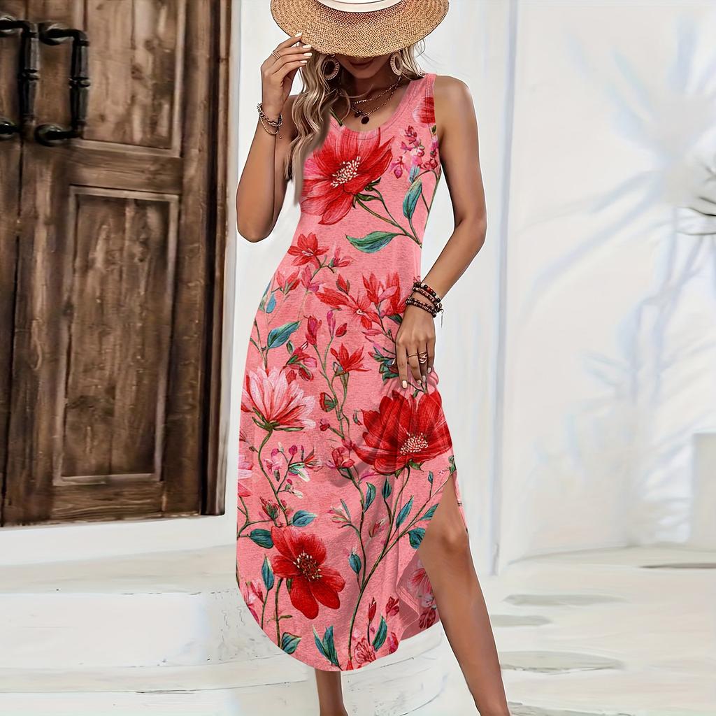Women Sleeveless Floral Print Maxi Dress Casual Loose Fit Long Sundress Summer Lightweight Tank Style Beach Outfit