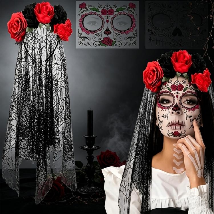 Party Ready Gothic Lace Hairpiece Set with Rose Trim and Matching Gloves for Halloween Cosplay Costume Looks and Photos