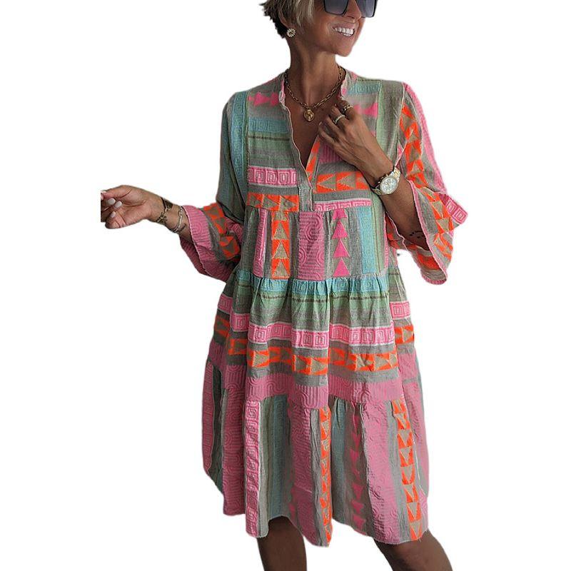 Printed V-neck Seven Quarter Sleeve Dress Print V-neck 3/4 Sleeves Dress