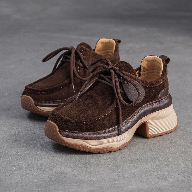Fashion GKTINOO 2025 Autumn/Winter New Cow Suede Thick Soled Comfortable Thick Heel Shoes Versatile Lace Up Lightweight Women's Shoes