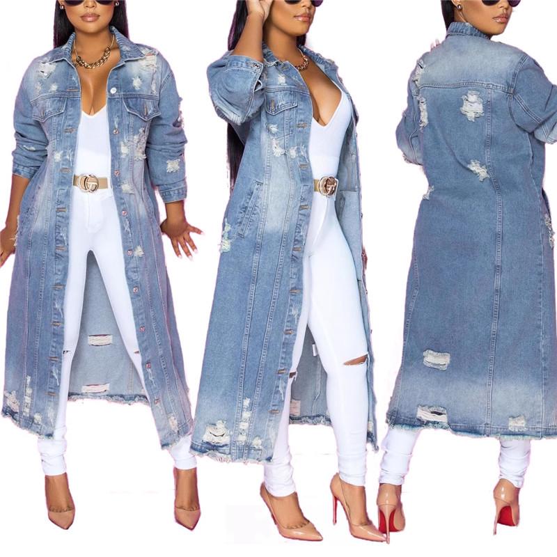 European & American Spring/Autumn Women's Washed Ripped Denim Long Sleeve Trench Coat with Lapel