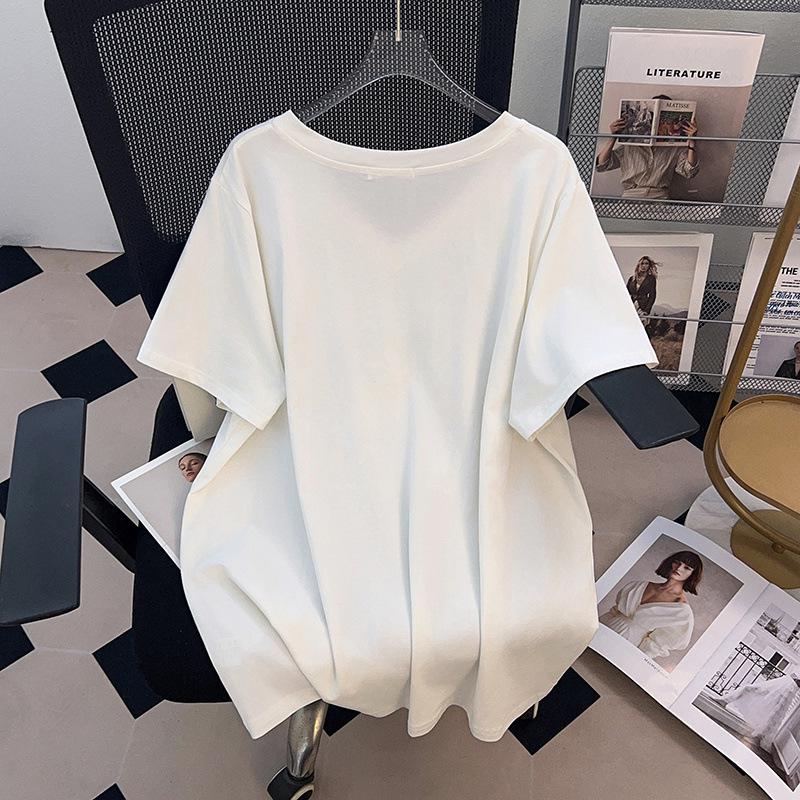 Plus Size V-Neck Mid-Length Short-Sleeve T-Shirt for Women (200/300/350 Jin) - New Style Slim Fit