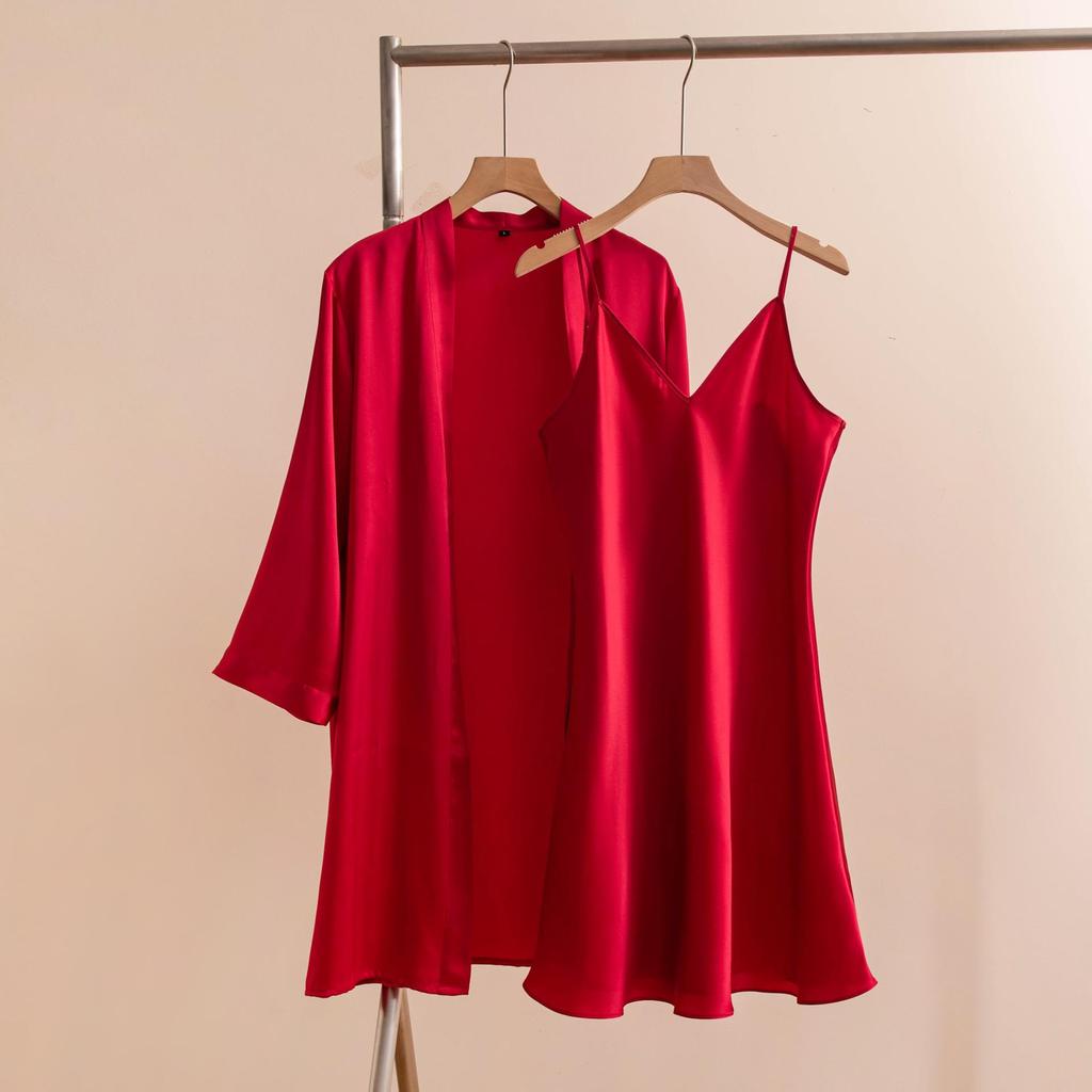 Elegant French Mulberry Silk Camisole & Robe Set for Wedding Morning