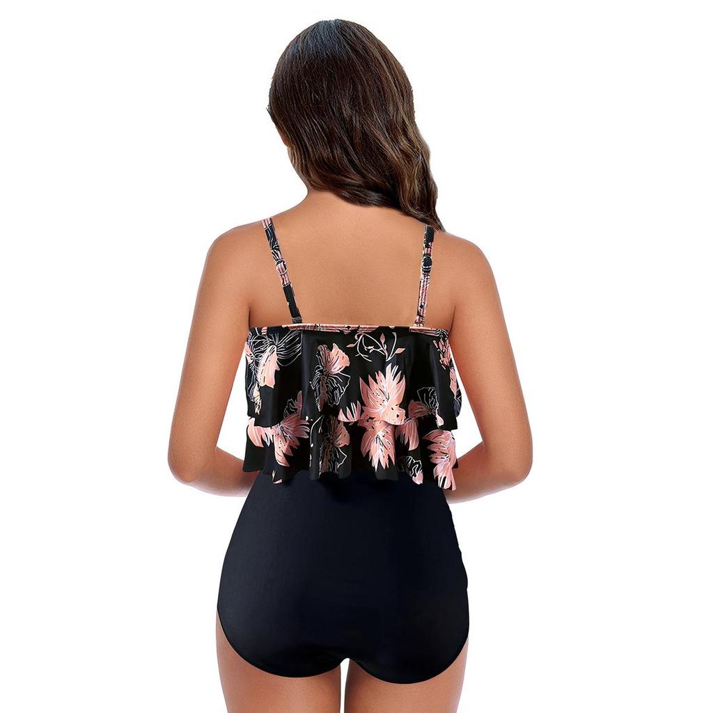 Costum de baie din două piese cu talie înaltă pentru femei, cu margine în formă de frunză de lotus