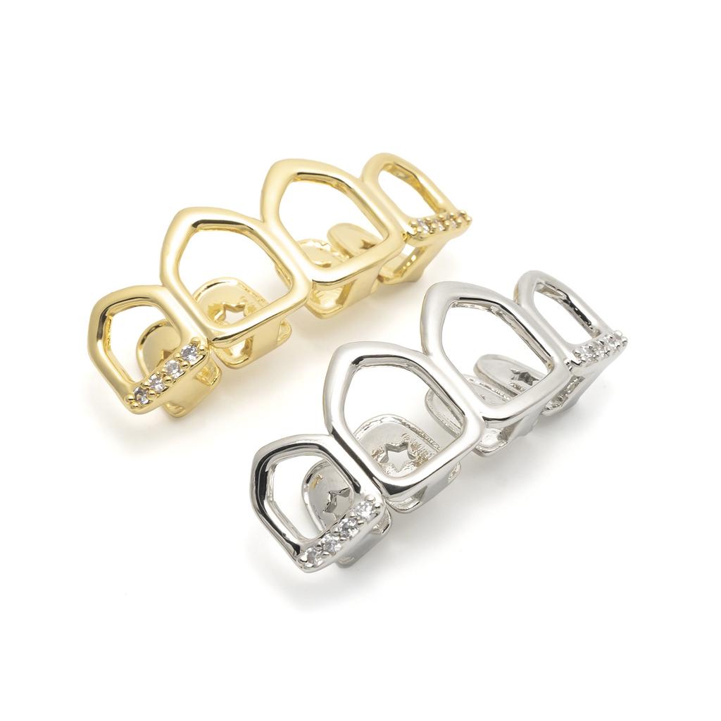 New Hollow Out 18K Gold Plating Grillz Iced Out Brass Zircon Four Teeth Hip Hop Grillz