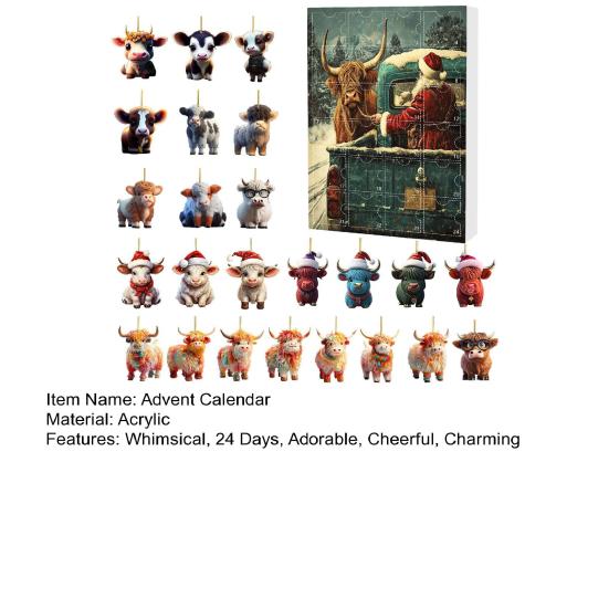 Yousheng Highland Cow Ornaments Advent Calendar 2025 24 Days Christmas Countdown Calendar with Cartoon Cows Ornament for Xmas Tree Decor