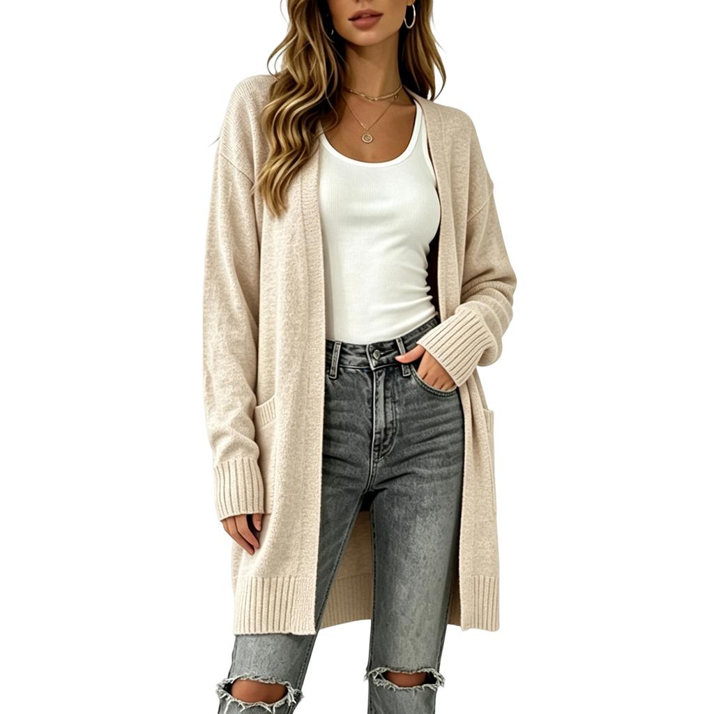 Women's Long Sleeve Knit Cardigan Open Front Casual Sweater Coat for Spring Fall