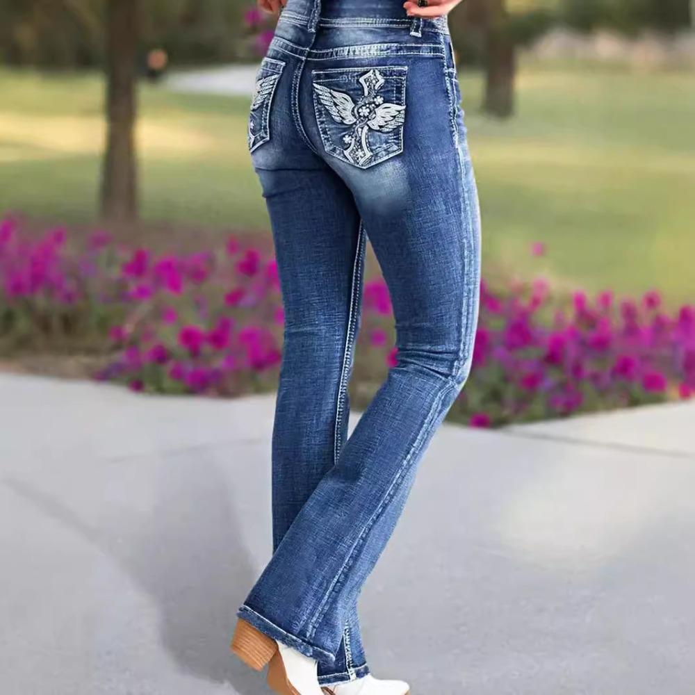 Women's Double Button High Waist Flared Jeans Stretch Washed Denim Bootcut Pants Vintage Casual Long Denim Trousers