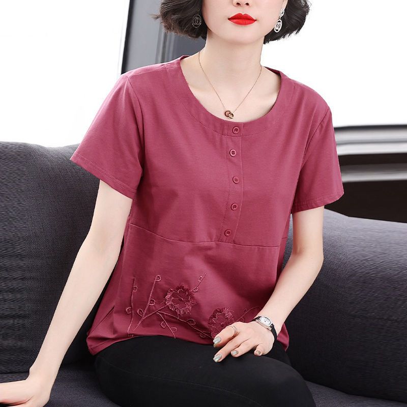 Casual All-match Solid Color Embroidery T-shirt for Female Summer Simplicity Loose Short Sleeve O-Neck Tops Women's Clothing