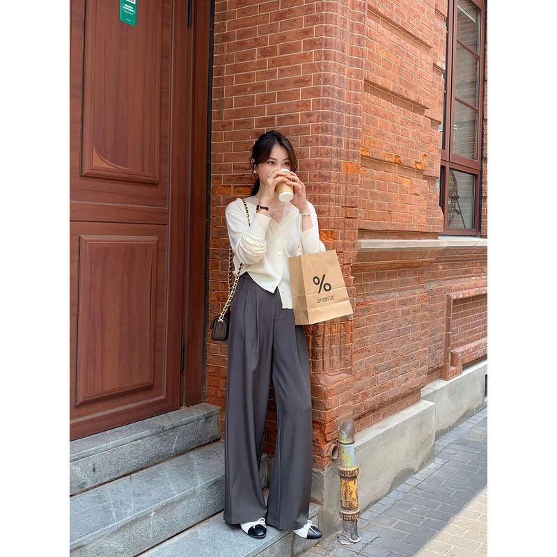 

Sanni s High Quality Lazy Casual Straight Trousers 2024 K-style High Waist Loose Temperament Wild Mop Pants Brown (In Stock) M