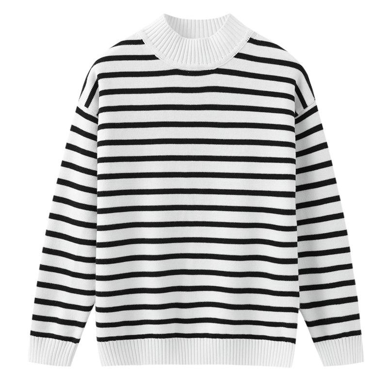 

Girls Autumn & Winter Color Block Stripe Knitwear - Pure Cotton Half-High Neck Sweater Top 170 cm