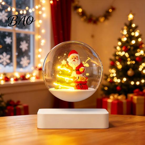 Magnetic Floating Christmas Sleigh Levitating Santa Claus Tree Ornament with LED Light, Lighted Rotating Creative Party Accessory Glass Ball