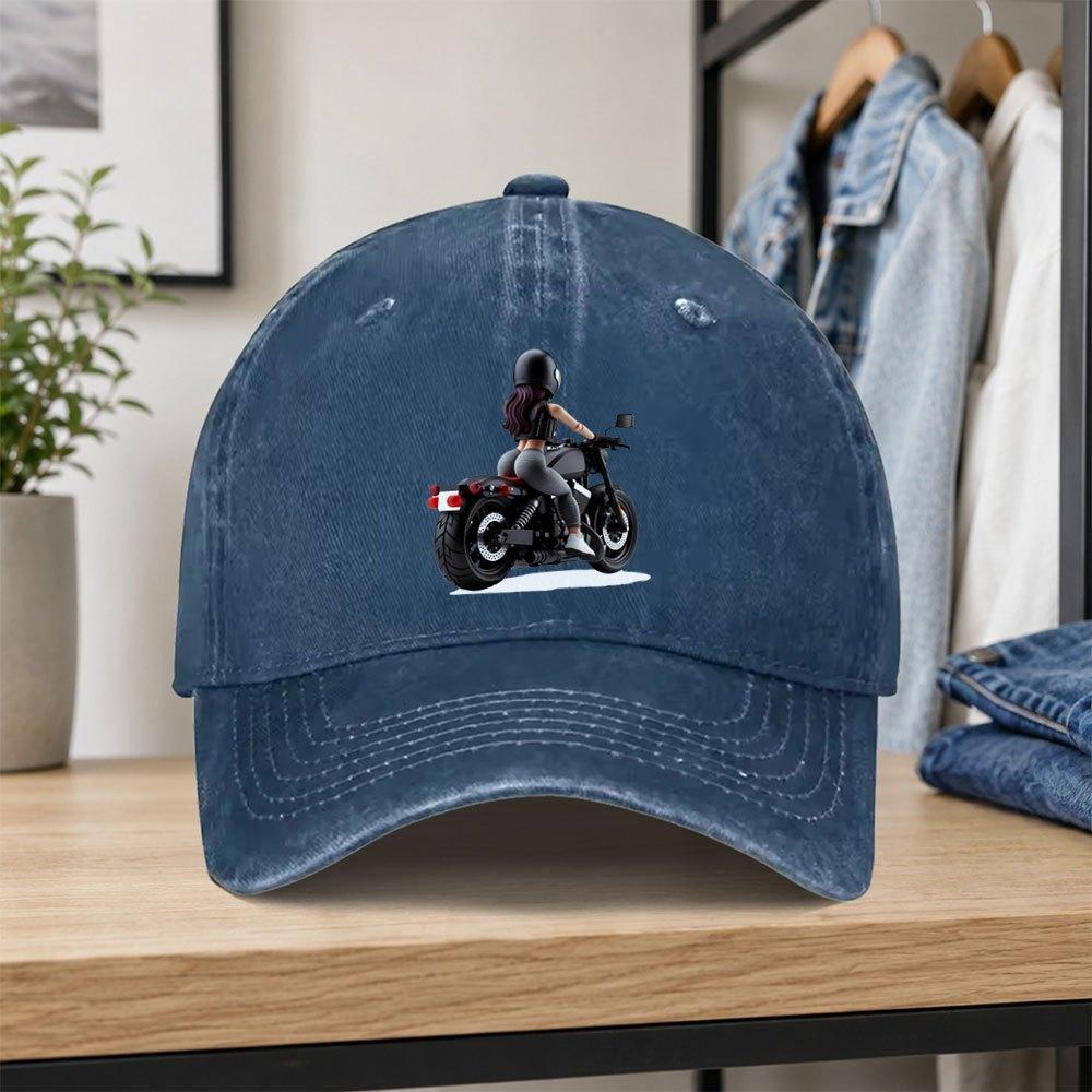 Retro Biker Girl Print Washed Baseball Cap Unisex Adjustable Dad Hat for Outdoor Daily Wear Parties Vacations
