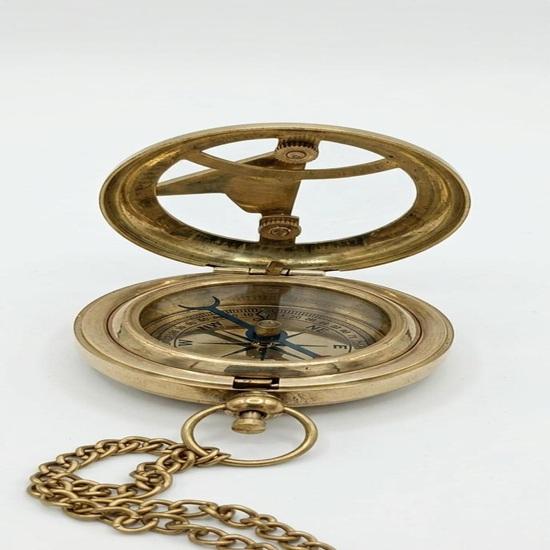 Collectible Brass Push Button Sundial Compass Polished Lid Navigational Compass